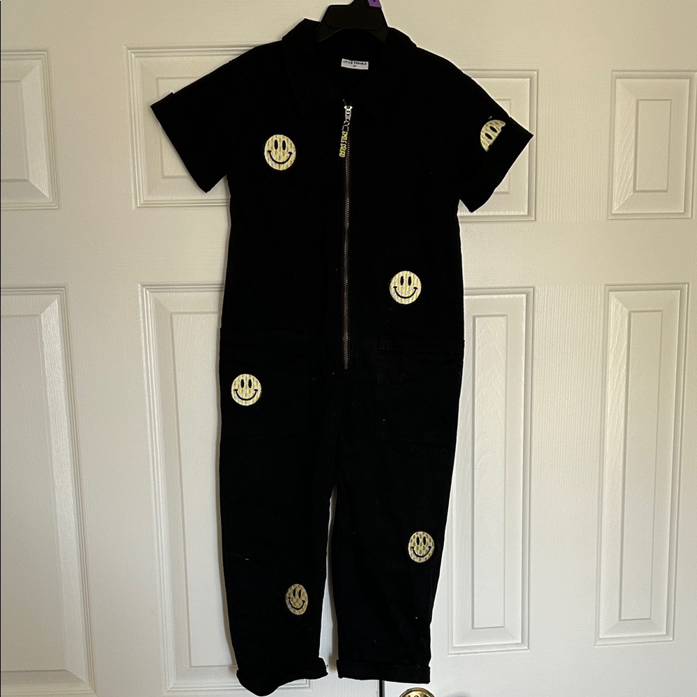 Little troubles Black Jumpsuit with Smiley Face Patches TRENDING NOW!!!!!😃
